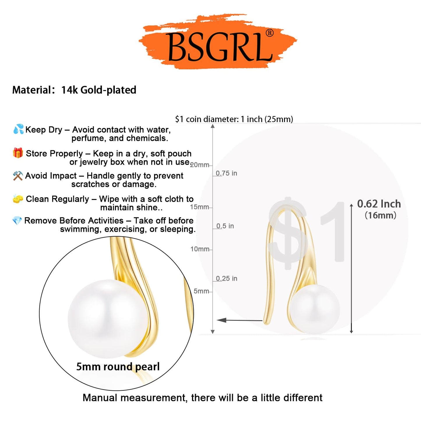 BSGRL Pearl Earrings - 14k Gold Plated Dainty Pearl Stud Earrings for Women Wedding Fish Hook Design