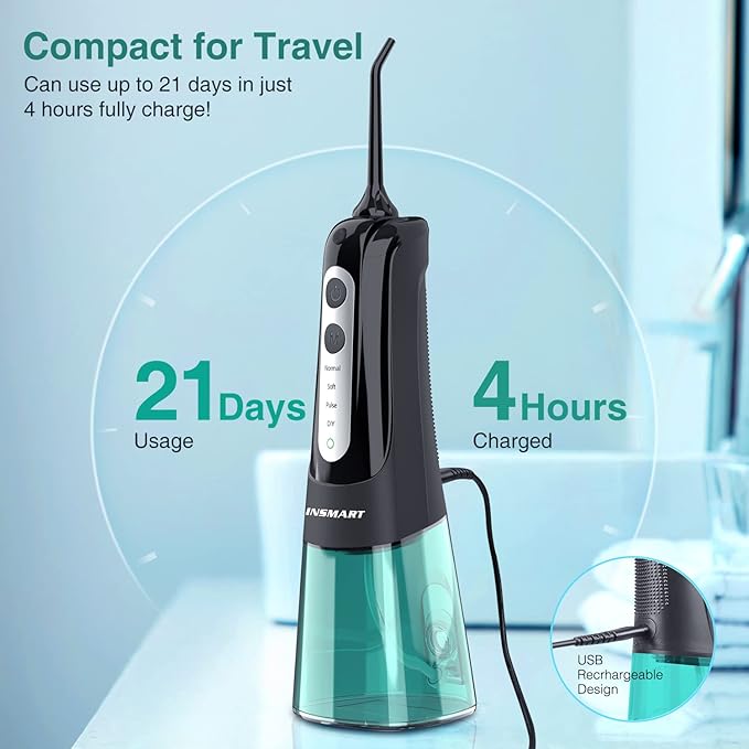 Cordless Water Dental Flosser Teeth Cleaner with Tips Case, INSMART Professional 300ML Tank DIY Mode USB Rechargeable Oral Irrigator for Home and Travel, IPX7 Waterproof 4 Modes Irrigate for Oral Care