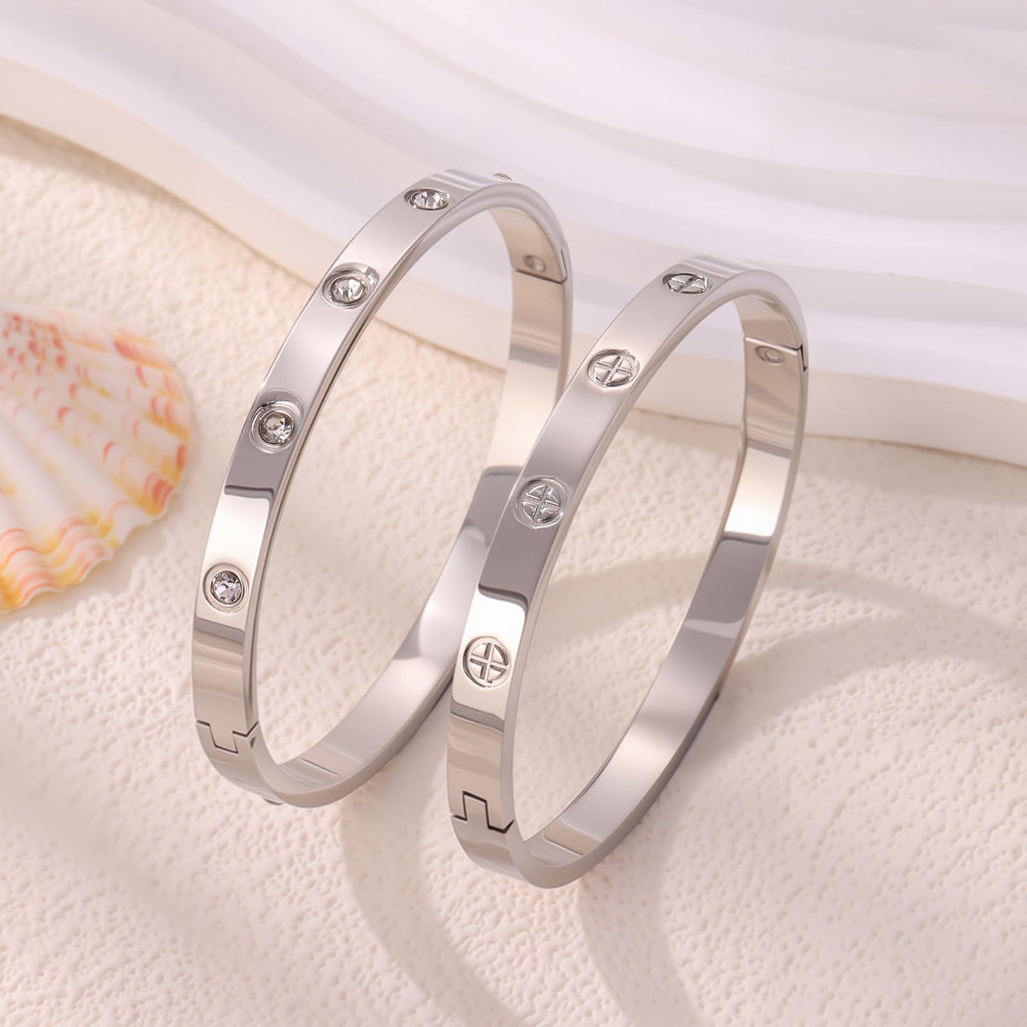 Camhanno 18K Gold Plated Stainless Steel Cuff Bracelet & Love Friendship Screw Bangle Bracelet Set for Women with Gift Box (2Pcs Silver Set Style 4)