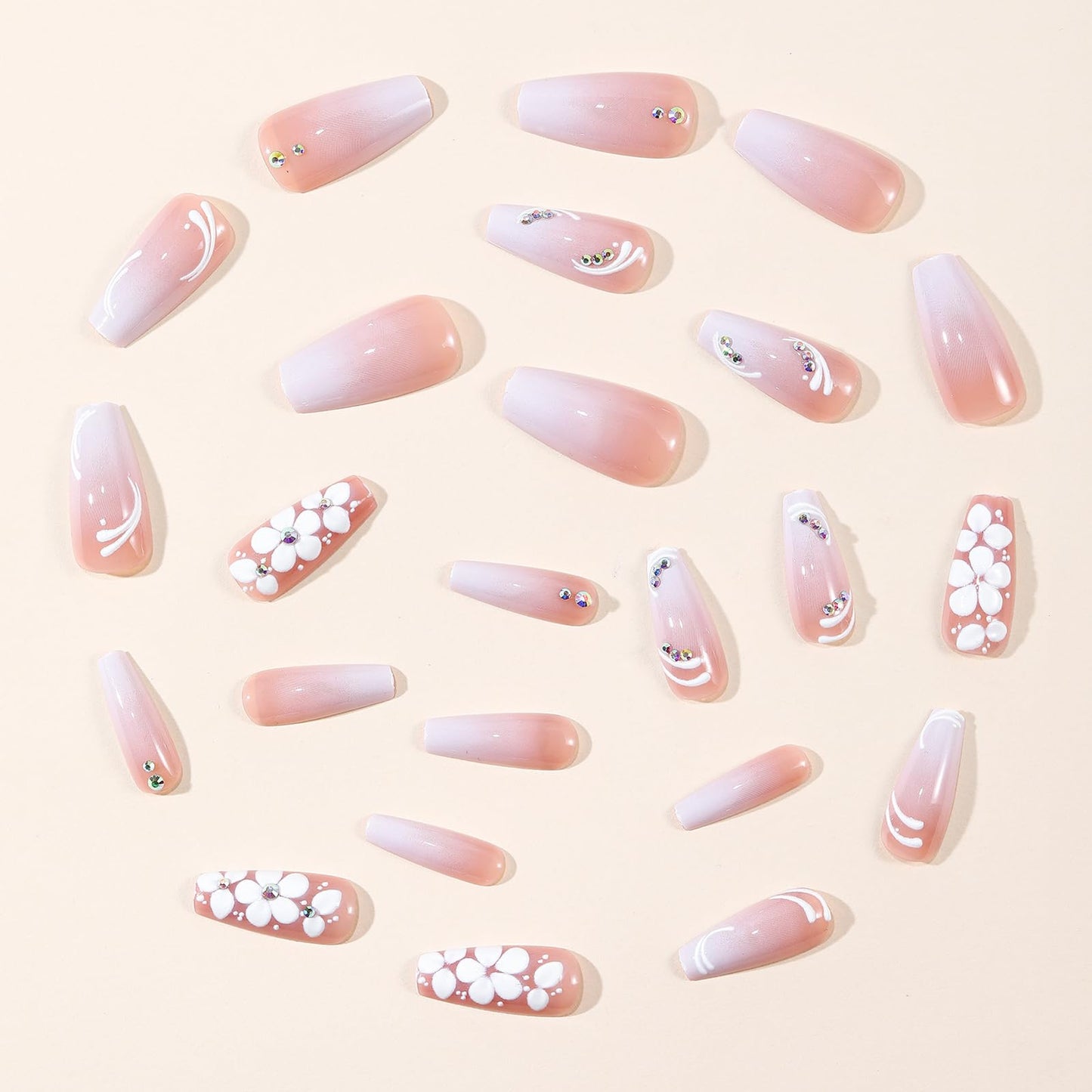 MISUD Press on Nails - Long Coffin Fake Nails with Pink White Ombre, Acrylic Flower Rhinestone Design 24 pcs