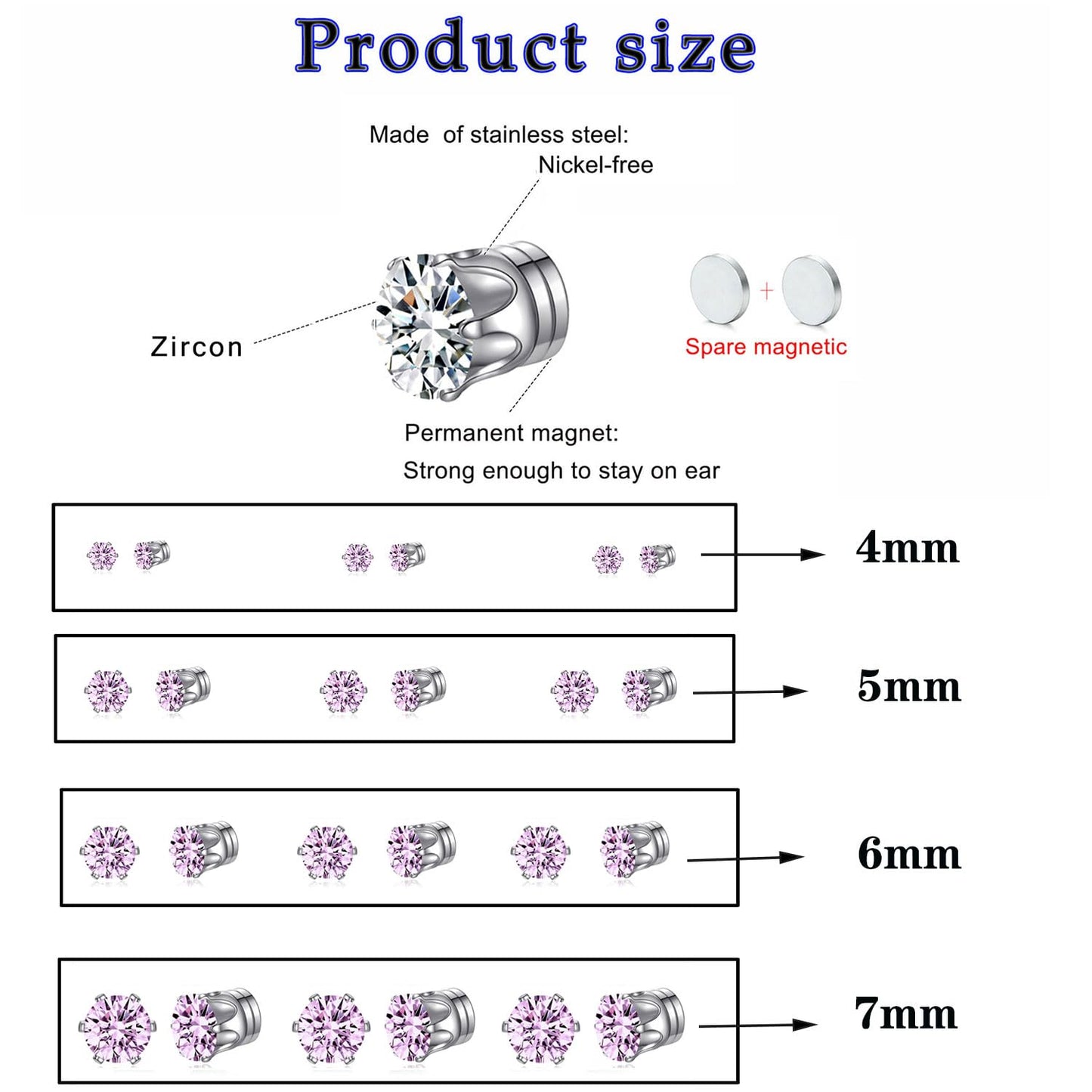 Spiritlele 12 Pairs Purple Small Big Cubic Zirconia Magnetic Earrings Clip on Non Piercing Earrings Set Unisex 4MM-7MM