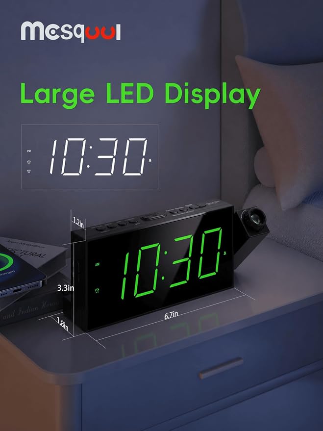 Mesqool Digital Projection Alarm Clock with Dual Alarms, 5 Levels Dimmer