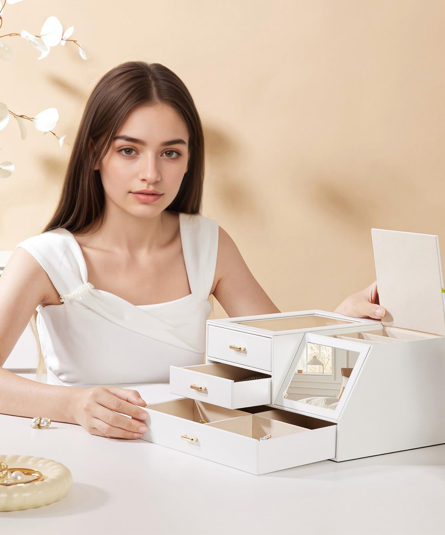 Homde Women Mirror Jewelry Box: Organizer Case with Clear Lid for Ring Necklace Earring - Gift for Young Women (White)