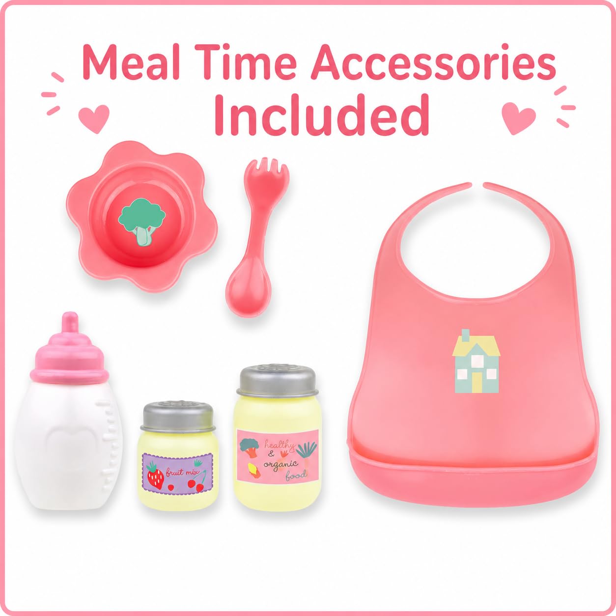 JC Toys - Doll High Chair | Fits Dolls up to 17" | Easy to Clean | Simple Assembly | 7 Piece Play Set| Ages 2+, Pink/Blue