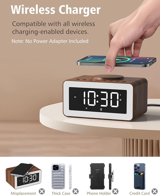 Alarm Clock for Bedroom, Wireless Charging, Bluetooth Speaker Sound Machine