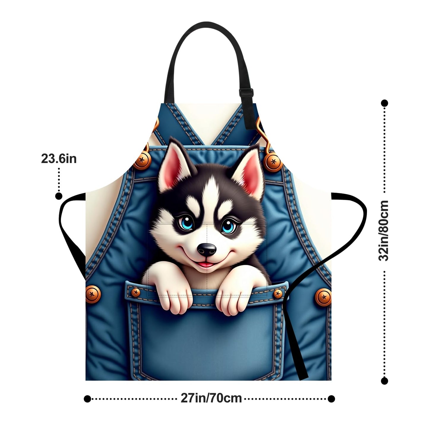 THISFIND Cute Husky Dog in Pocket Apron – Waterproof Adjustable Bib Apron with Funny Cartoon Puppy Print – Durable Kitchen Apron for Cooking Gardening and Crafts