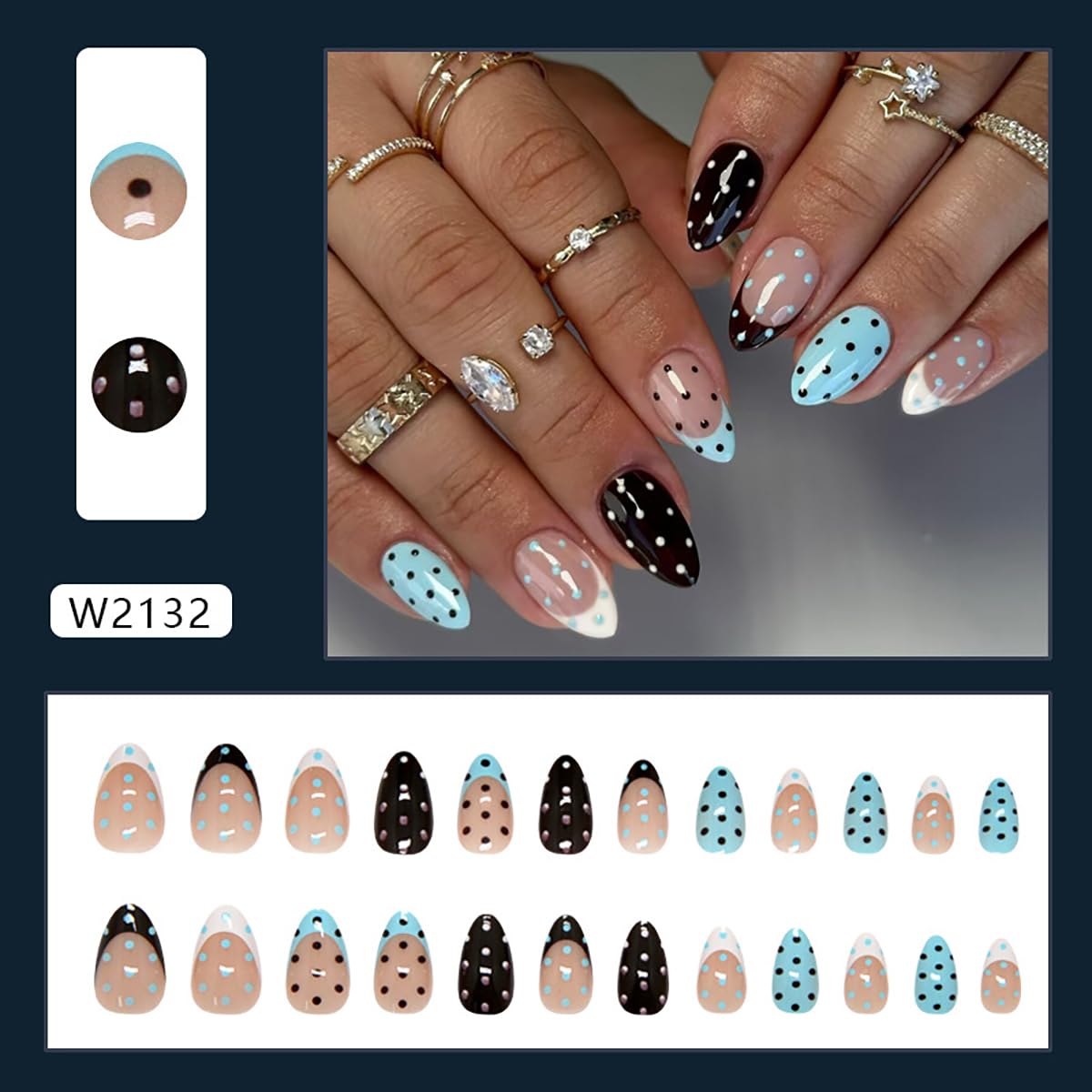 Short Polka Dot Press on Nails Almond Chrome Nails press ons French Tip Fake Nails with Designs Black Blue False Nails Glossy Full Cover Nail Tips Acrylic Artificial Stick on Nails for Women 24PCS
