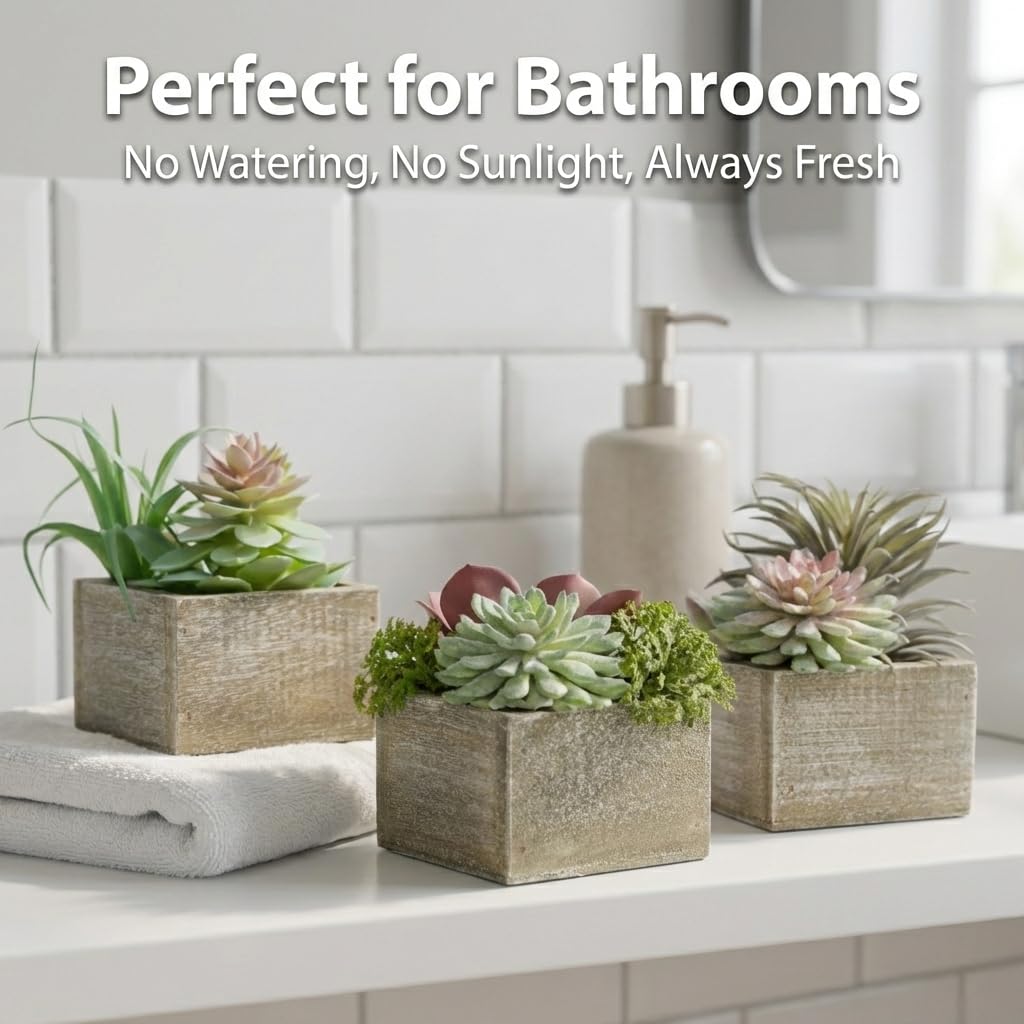 Succulent Plants Artificial, 3 Pack Small Fake Plants in Wood Pot for Home Decor, Farmhouse Artificial Plants Indoor for Living Room Bathroom Bedroom Office Kitchen Desk Wedding Coffee Table Decor