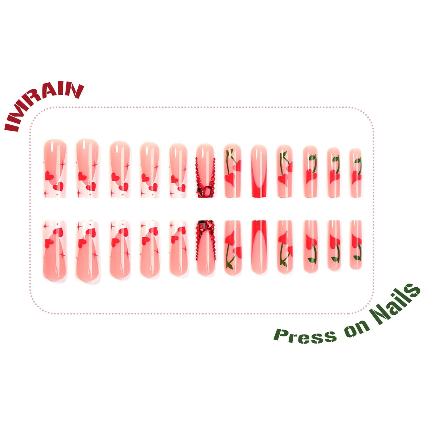 IMRAIN Red Press on Nails Long Square Fake Nails Rhinestone French Nail Tips Full Cover Acrylic Glossy False Nails with Cherry Heart Designs Glue on Nails