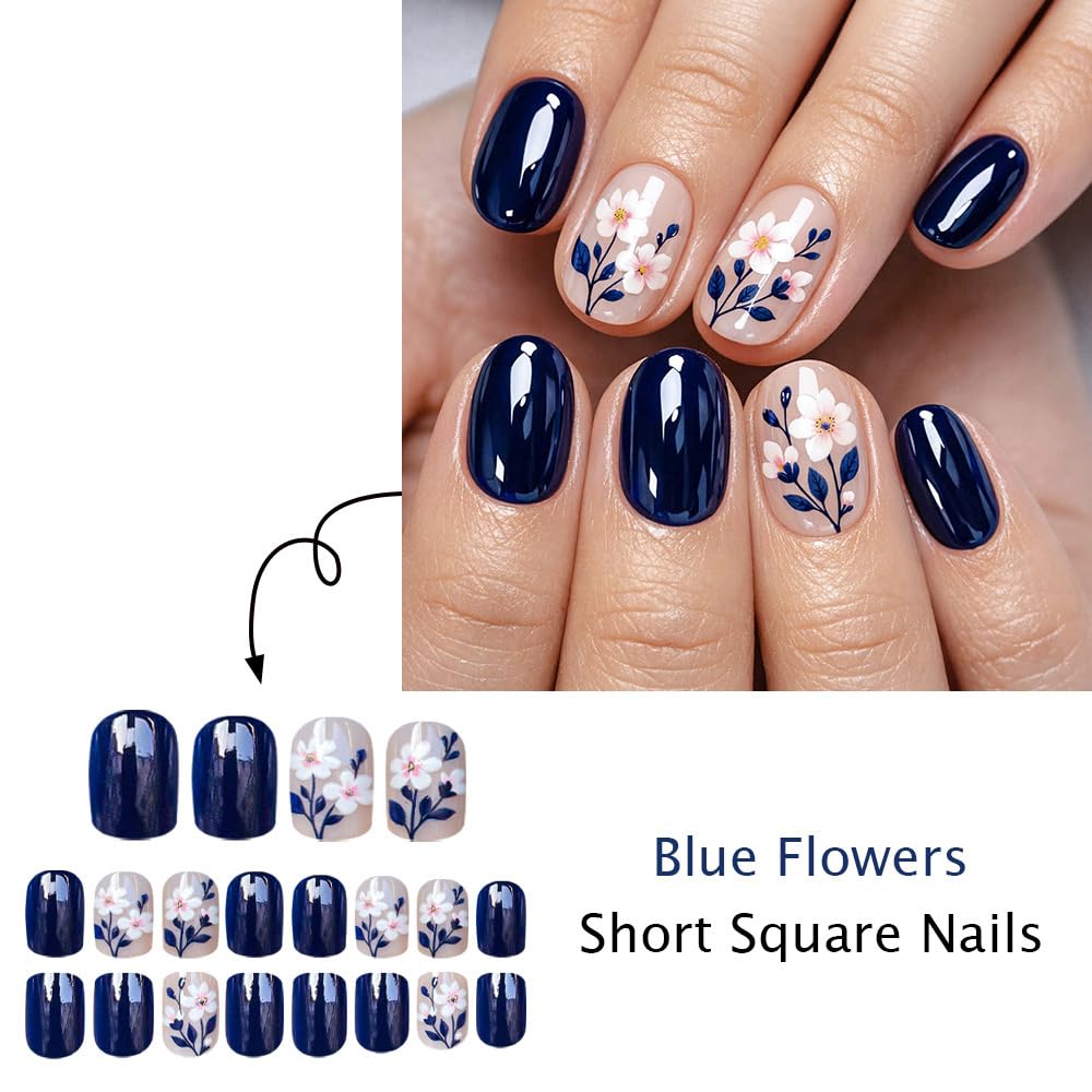 Flower Press on Nails Short Square Fake Nails Daisy Floral Full Cover False Nails, Blue Spring Glue on Nails Glossy Reusable Acrylic Stick on Nails for Women Nails Kit 24Pcs