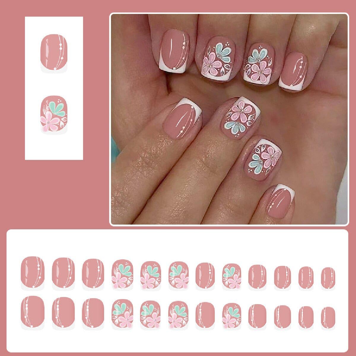 White French Tip Press on Nails Square Short Fake Nails with Flower Design Full Cover Spring Stick on False Nails for Women 24 Pcs