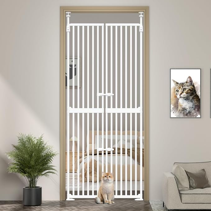 THEYFIRST 71-98" Clear Tall Cat Pet Gate, 33.5-36 in Wide Extra High Dog Gates for Doorways Acrylic Kitten Proof Full Door Barrier, Auto Close Walk Thru Puppy Pressure Mounted, Indoor White