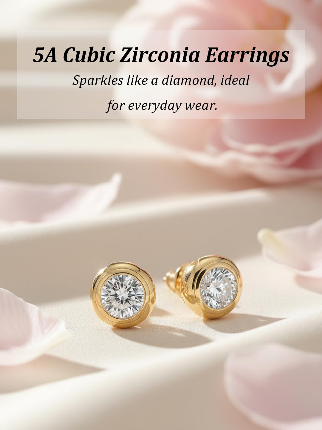 Hypoallergenic Silver Studs Gold Plated Bezel Earrings for Women Comfy Round Zirconia Earrings
