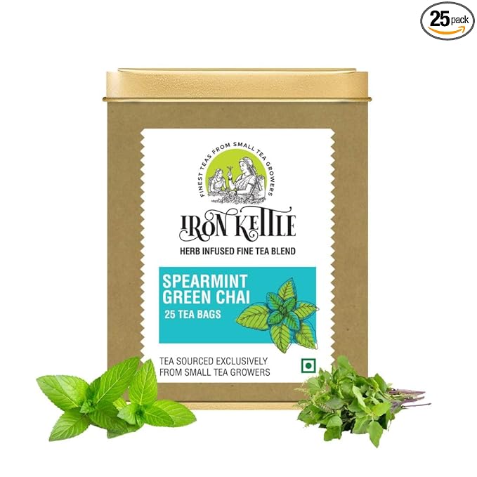 Iron Kettle Spearmint Green Tea | High Grown Green Tea bag blended with natural Spearmint & Peppermint leaves | Sourced exclusively from small tea growers with higher fine leaf count | 25 Tea bags