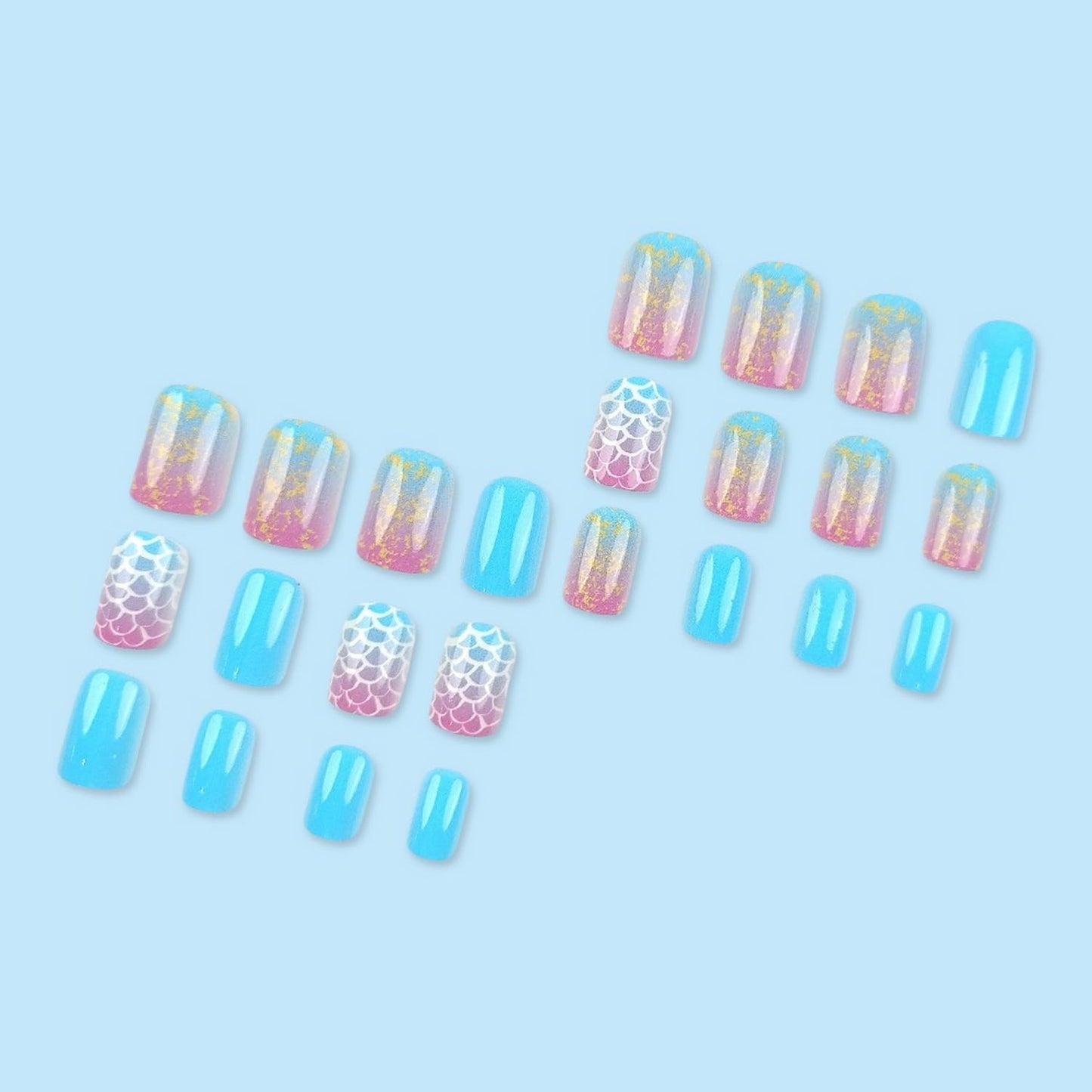 OCOUYVD 24 Pcs Summer Press On Nails Short Square Glitter Fish Scale Design Full Cover Artificial Nails Glossy False Nails Stick On Nails for Women Nail Art Manicure