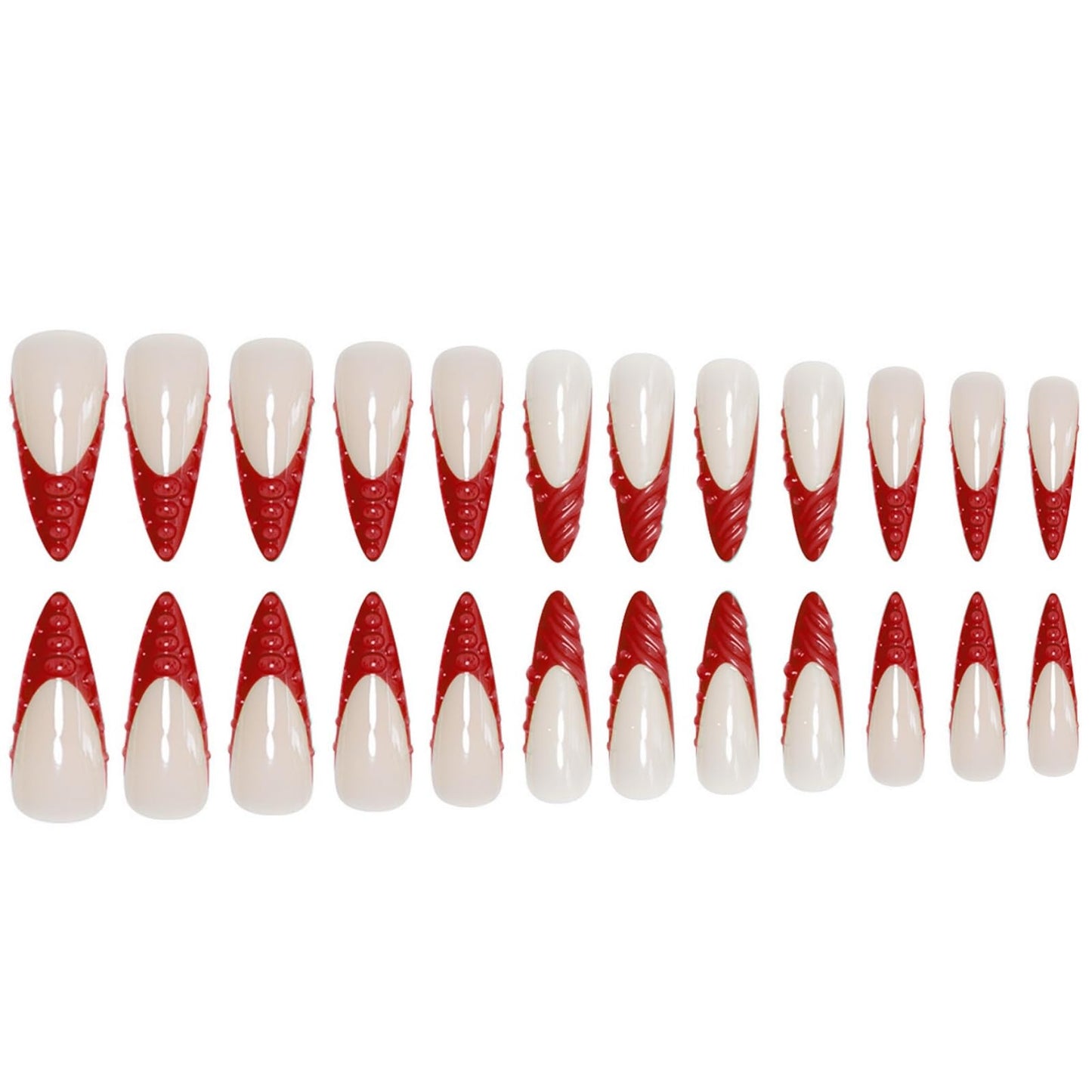 Long Press on Nails Stiletto Fake Nails Red French Artificial Nails with 3D Water Droplets Designs Extra Long Glossy Cute Stick on Nail for Women 24pcs