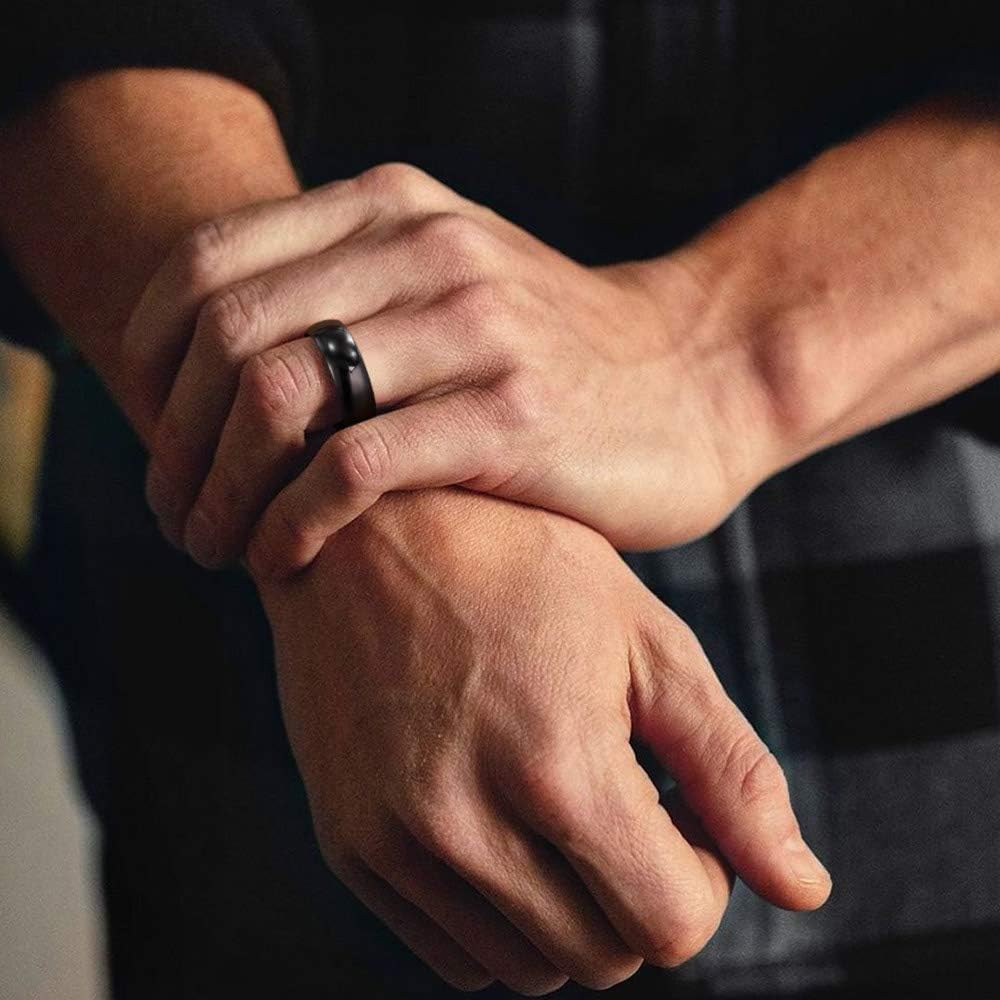 TRUMIUM 8mm Black Ring Band Tungsten Wedding Band for Men Women High Polished Dome Comfort Fit Size 8
