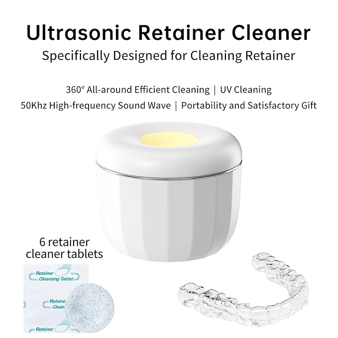 Ultrasonic Retainer Cleaner Machine ，18W/50kHz Specifically Designed for Cleaning Retainers，80ML Portable Ultrasonic Pod Including 6 Free Retainer Cleaner Tablets for Deeper Cleaning（White，YKL ）