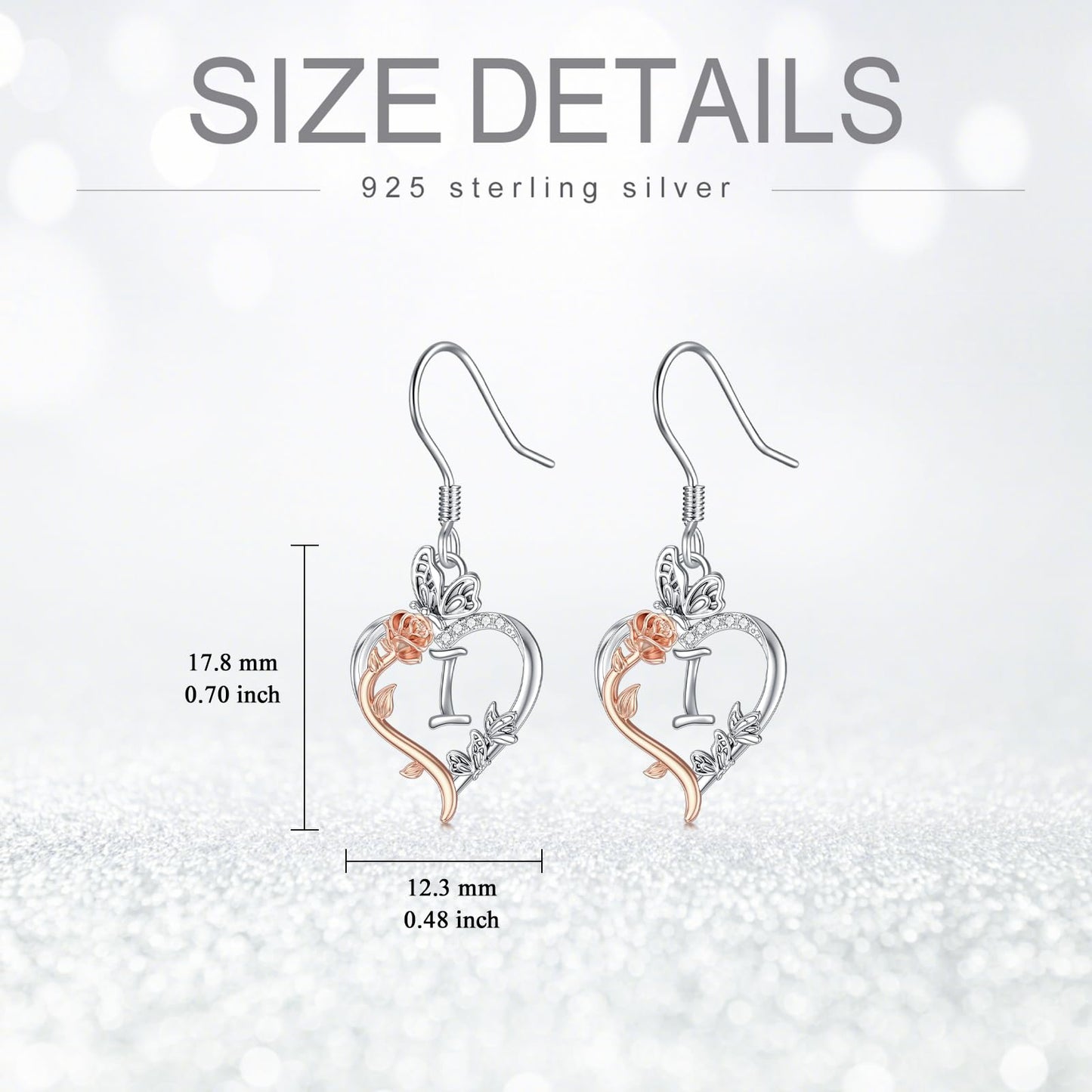 TOUPOP Rose Heart Initial Earrings Sterling Silver Butterfly Earring Initial I Letter Drop Dangle Earrings Jewelry Anniversary Birthday Mothers Day Gifts for Women Mom Wife Girlfriend Her