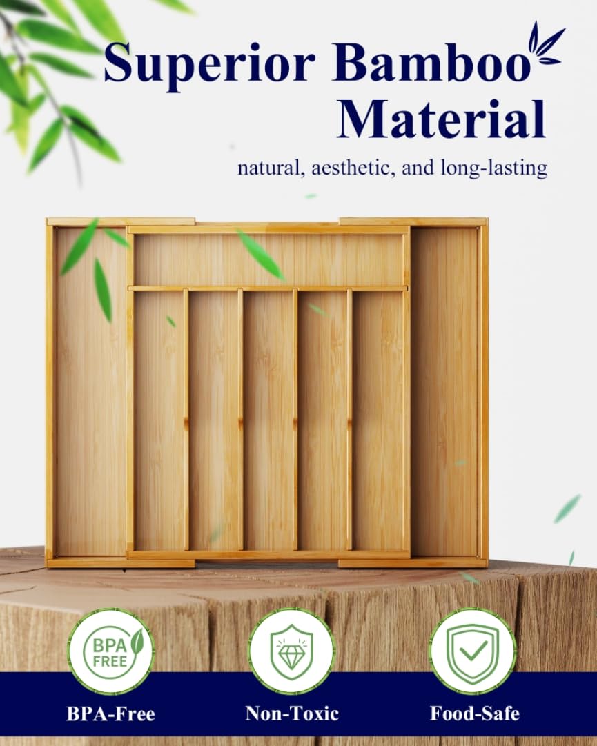 Kitsure Silverware Organizer - Expandable Bamboo Kitchen Drawer Organizer for Cooking Utensils and Cutlery, Sturdy & Thickened Kitchen Organizers and Storage Solution, Large, Natural