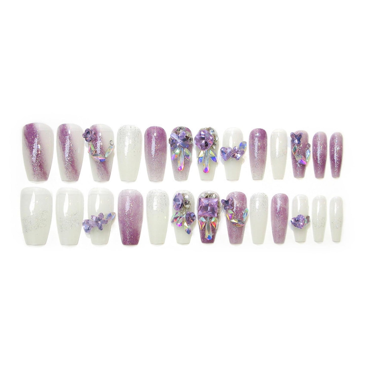 Long Press on Nails Coffin Fake Nails Purple Artificial Nail Rhinestones Designs Sparkly Stick on Nail for Women 24pcs