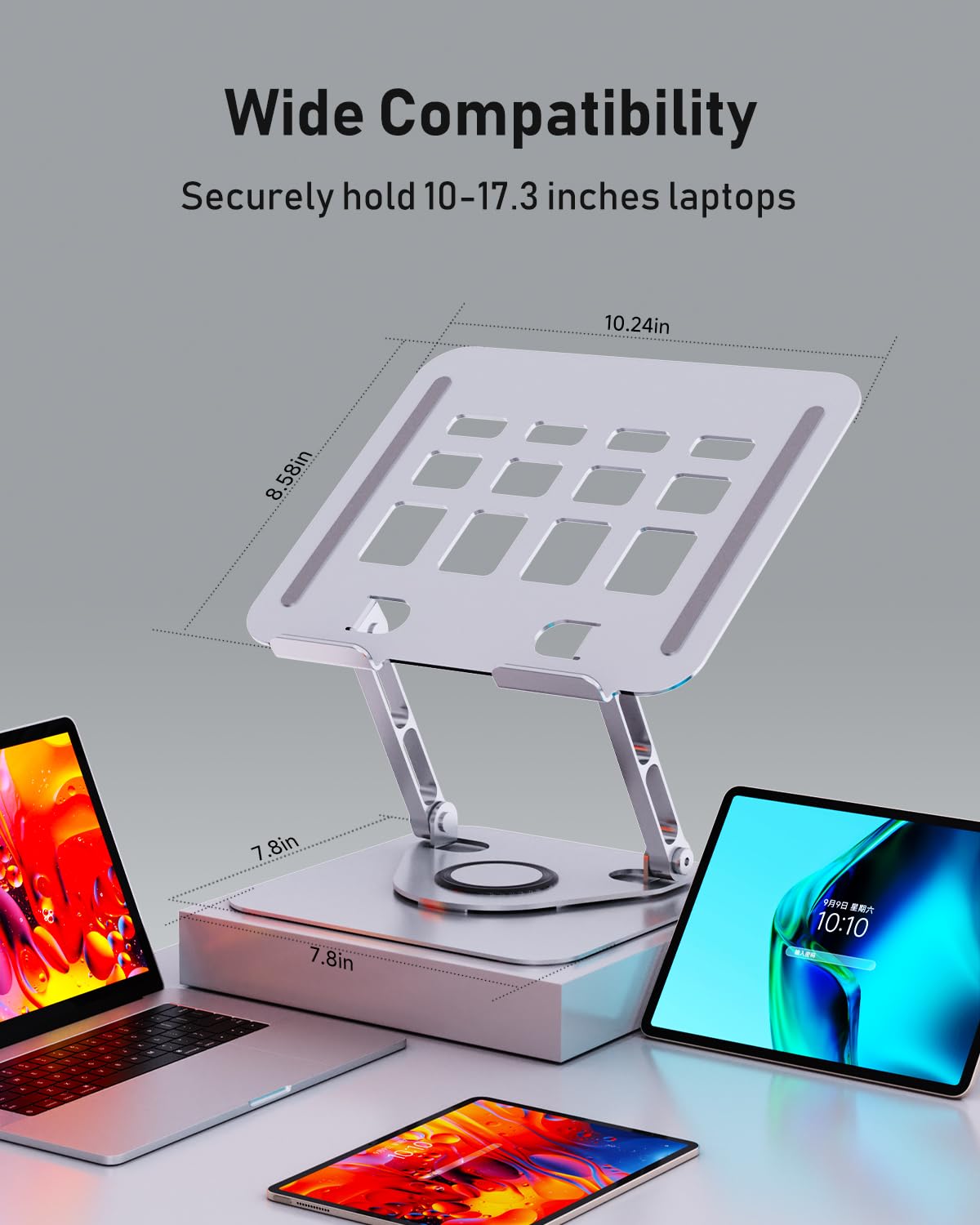 SENZANS Laptop Stand for Desk, Adjustable Laptop Stand Swivel Computer Riser 360 Rotation Base, Portable Ergonomic Laptop Holder for Office Home Fits MacBook Air Pro, Dell, HP (10"-17.3") - Silver