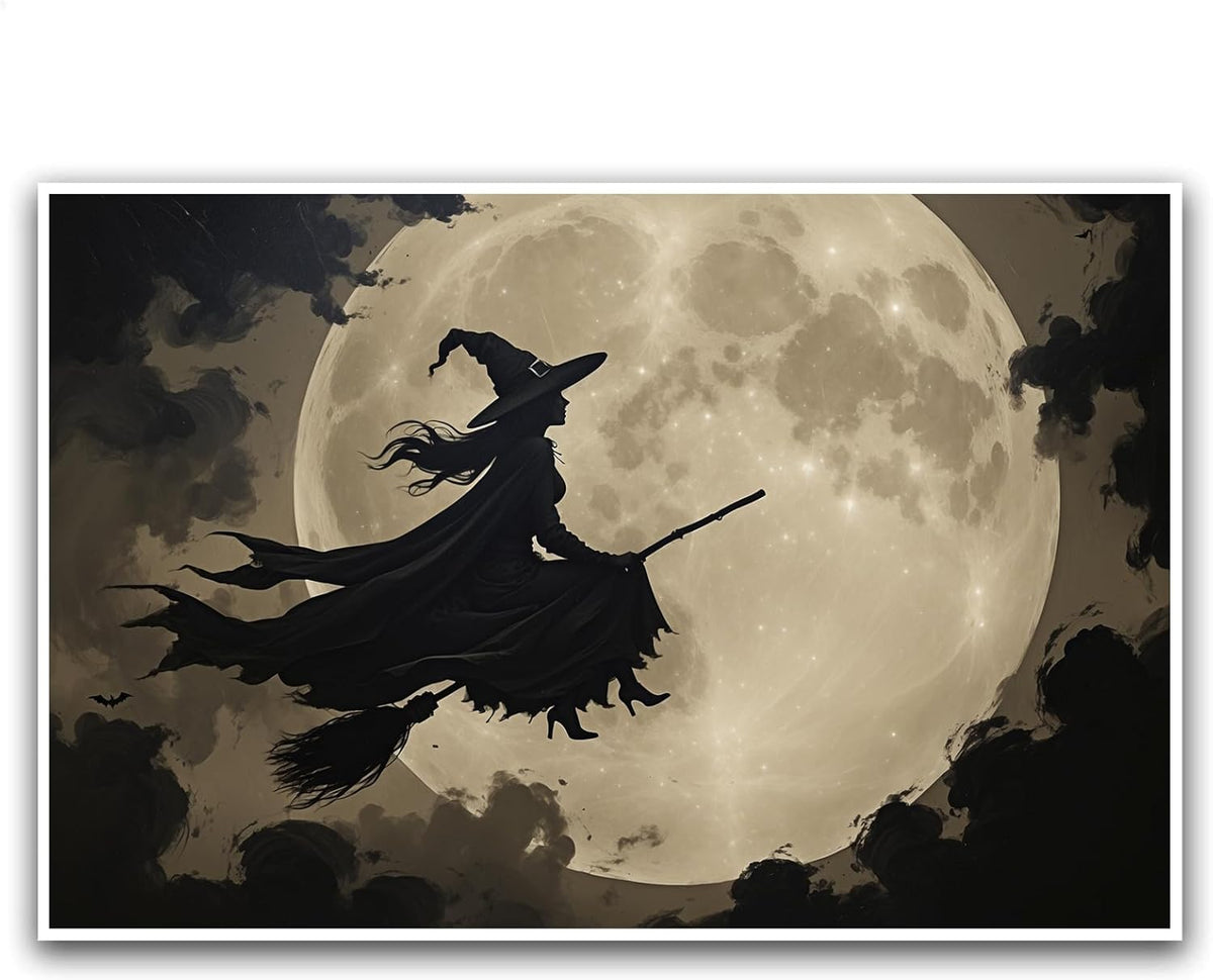 JFHCQJPK Full moon witch silhouette poster witch on magic broom Halloween mural poster decorative mural art suitable for home living room bedroom24x36in Frameless
