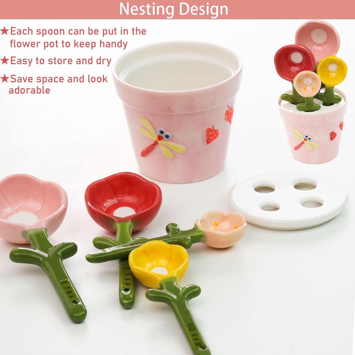 Flower Measuring Spoons Set in Pot Unique Baking Gifts Ceramic Cute Measuring Cups and Spoons with Holder for Dry Wet Ingredients Dishwasher Safe Pink