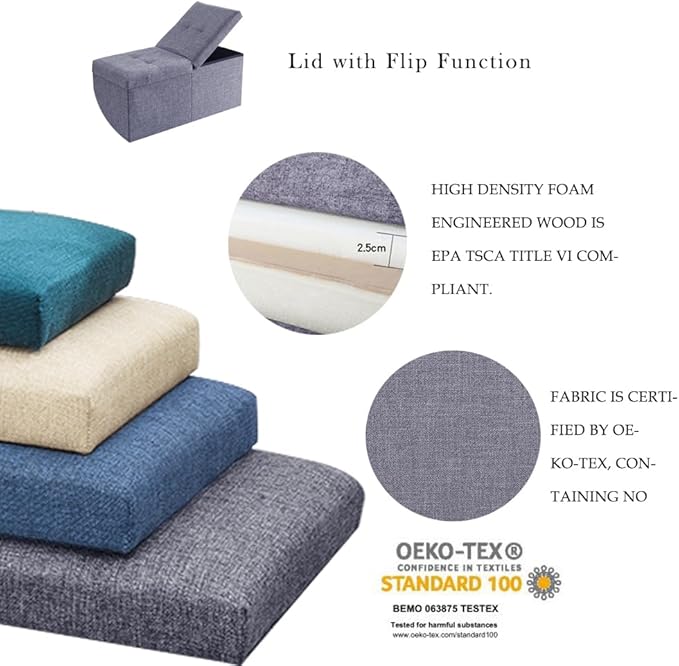 CUYOCA Storage Ottoman Bench Foldable Seat Footrest Shoe Bench End of Bed Storage with Flipping Lid, 75L Storage Space, 30 inches Linen Fabric Dark Grey