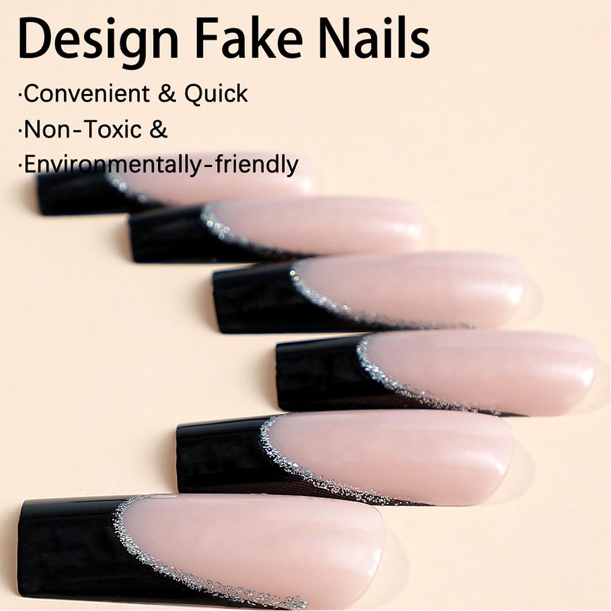120 Pcs French Tip Press on Nails Long Square Fake Nails Black Tip False Nails with Designs Silver Glitter Line Glossy Glue on Nail Reusable Full Cover Acrylic Nails Stick on Nail for Women Manicure