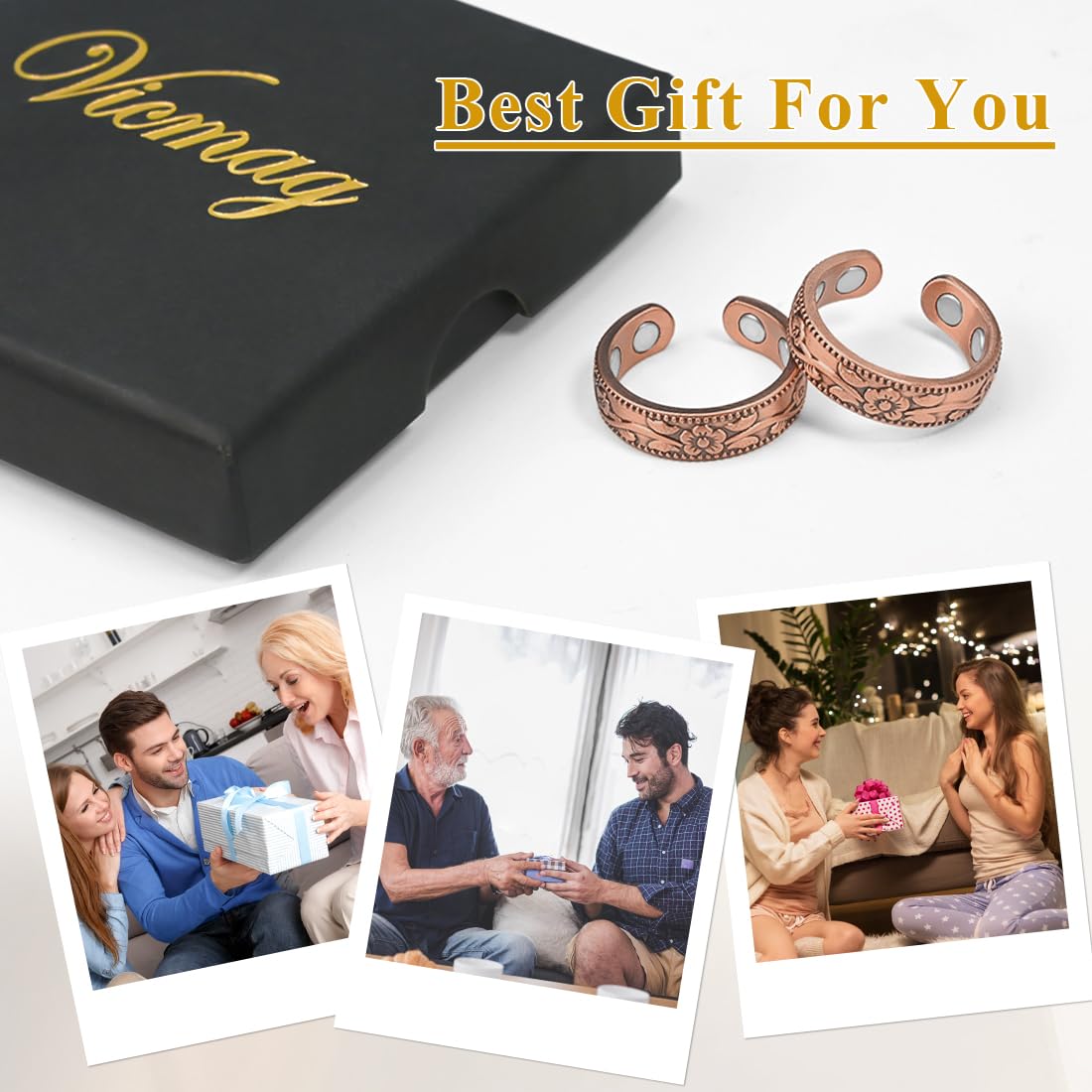 Vicmag 2PCS Copper Magnetic Rings for Women Ring for Fingers with 4X Magnets 100% Solid Pure Copper Gift Adjustable