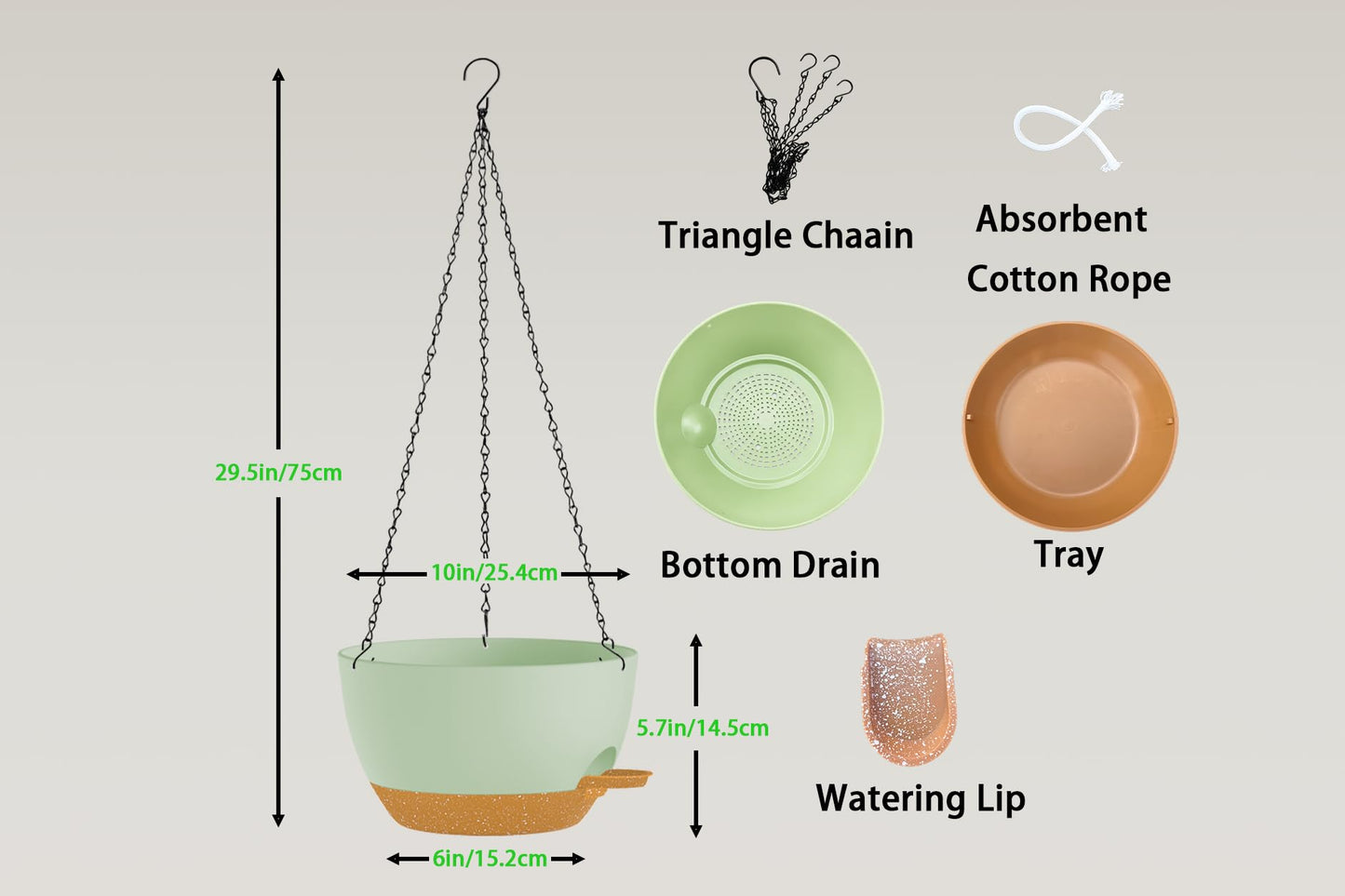 XQSHPDM Hanging Planters, 3-Pack 10 Inch Self-Watering Pots with Drainage Holes and Chains, Matte Plastic Planters for Indoor/Outdoor Plant（Green Brown）