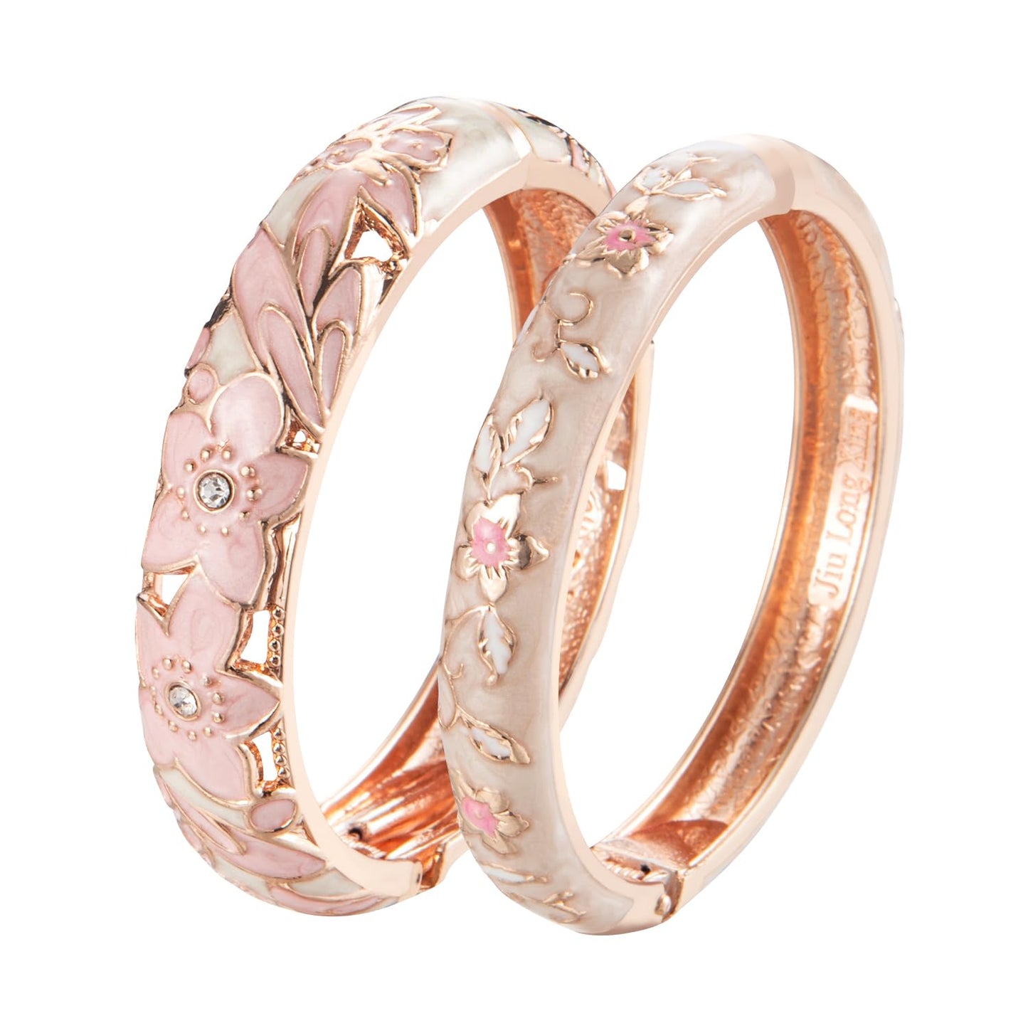 wynameleri Vintage Cloisonne Jewelry Gorgeous Rhinestone Handcrafted Bracelets Enamel Flower Bird Gold Hinged Cuff Bangles Gifts 88A11-55A82 pink