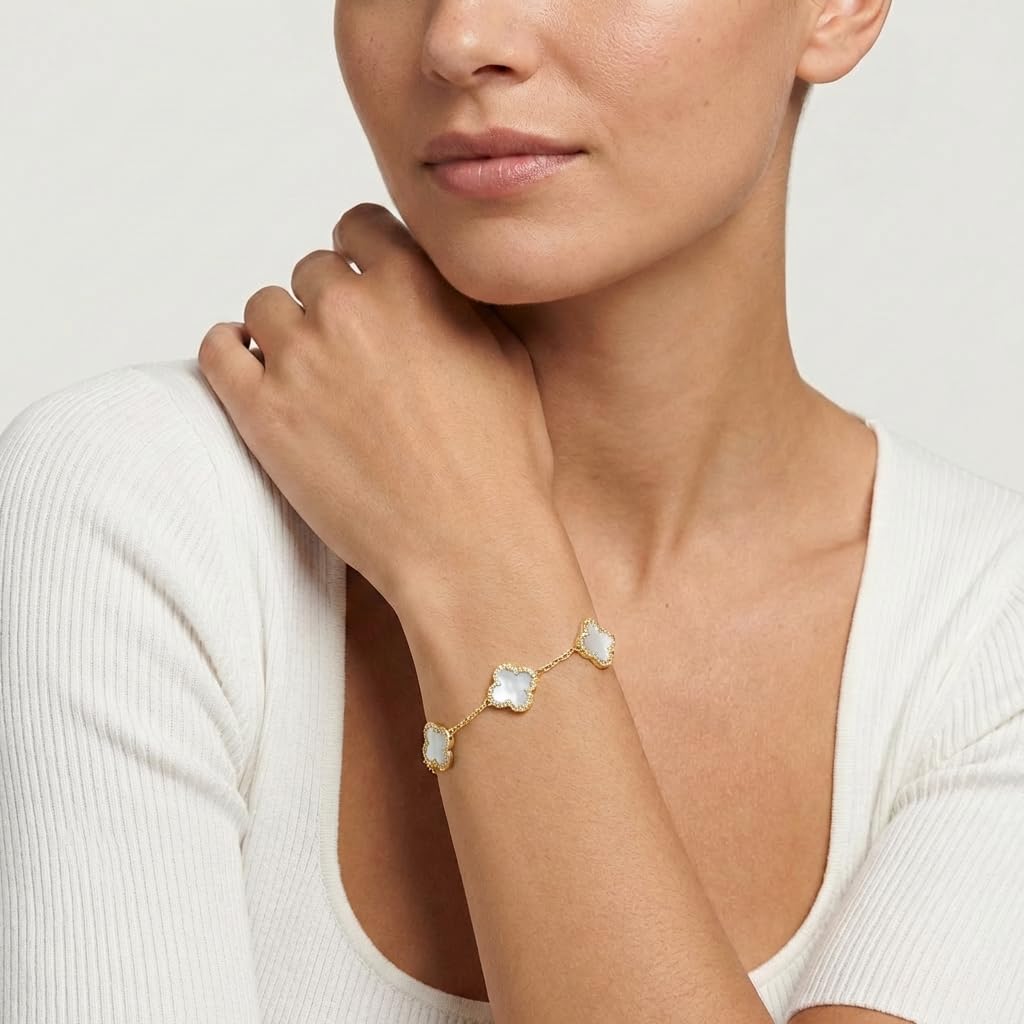 SHINYY Four Leaf Clover Bracelet for Women | 18K Gold Plated Cubic Zirconia Link Bracelet | 4 Leaf Lucky Jewelry Gift for Her (White Gold)