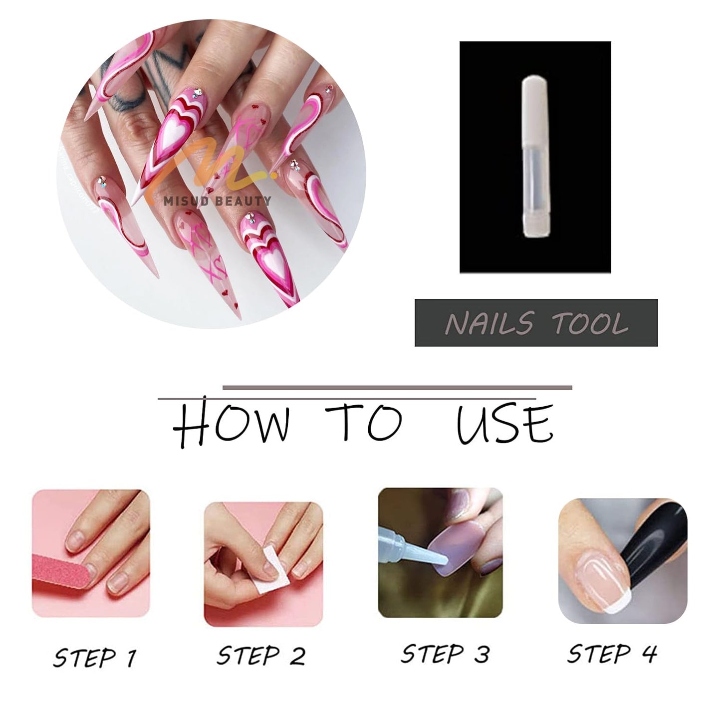 MISUD Press on Nails - Long Stiletto Fake Nails with Hot Pink, Acrylic Valentines Heart Design 24 pcs