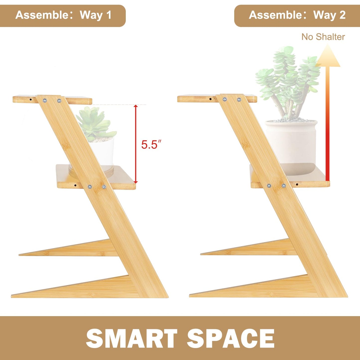 OcBuct 3 Tier Table Top Countertop Small Plant Stand with Shelf Adjustable, Bamboo Wooden Desk Plants Succulent Stand, Office Flower Pot Holder Rack ,Cup Cake Stand, Kitchen Spice Rack