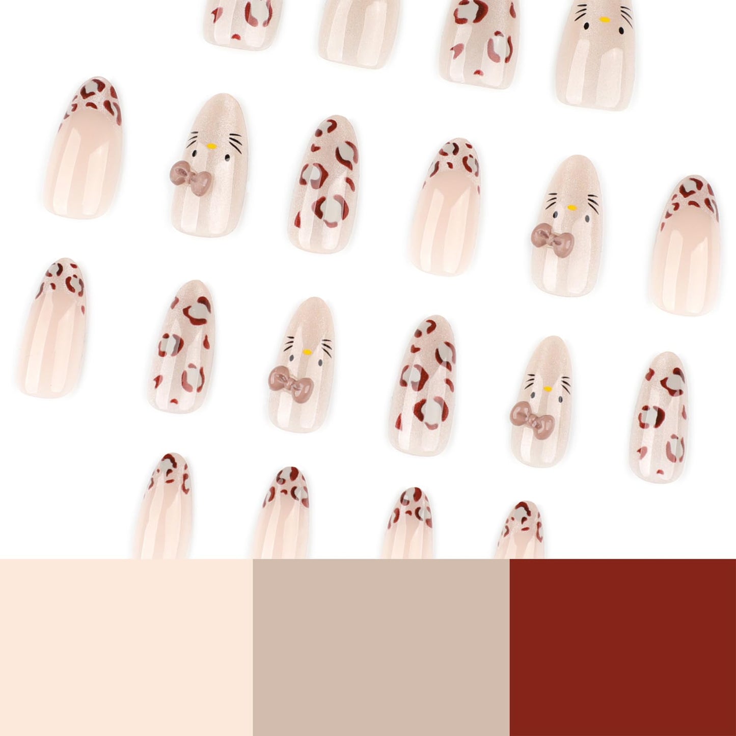 Nude Leopard Press On Nails 24pcs, Cute Cat Design Almond False Nails with Gold Shimmer and 3D Bow, Glossy Reusable Stick On Nails Kit for Women and Girls