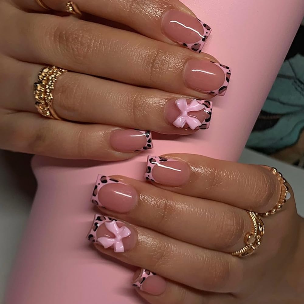 24Pcs Square Press on Nails Short French Tip Fake Nails with Glue Pink Leopard Print Bow False Nails Design Glossy Holiday Cute Acrylic Reusable Stick on Nails for Women Nail Decor