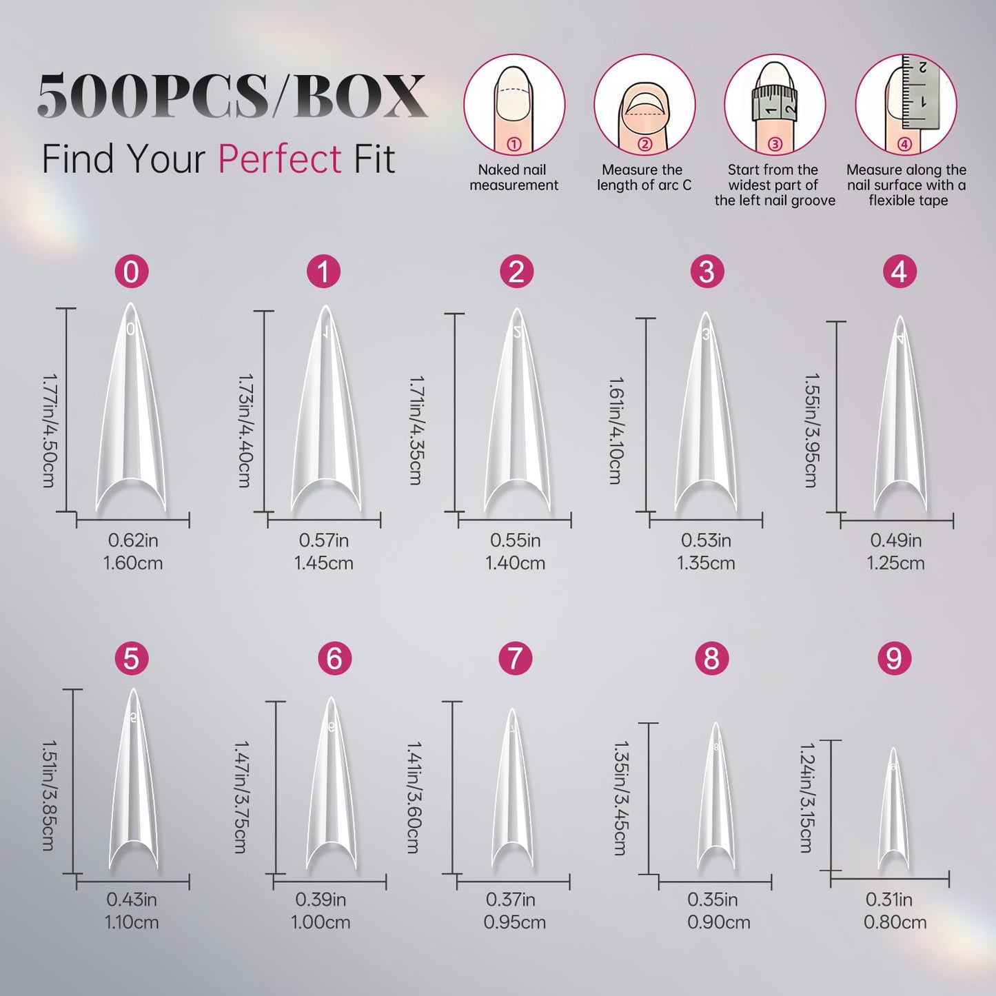 krofaue Extra Long Stiletto Nail Tips - 500PCS False Clear Nais with 10 Sizes Half Cover Pointed Press On Artificial Acrylic for Salon DIY, XL