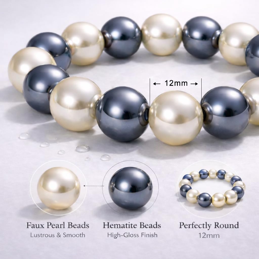 38 Magnetic Therapy Hematite beaded Bracelet For Women And Men Power Gemstone Crystal Unisex Macrame (Faux Pearl Hematite, 12, millimeters)