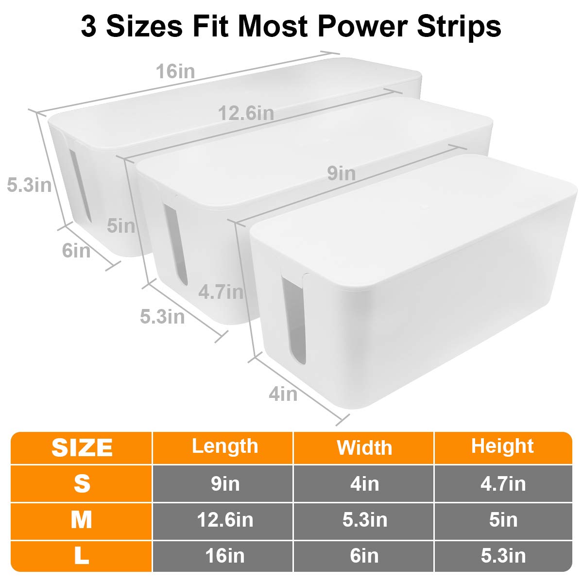 Cable Management Box - 3 Pack Cord Organizer Box for Desk - Large Medium Small Cable Box to Hide Power Strip & Wires - Pet-Safe Cord Hider for TV Computer Under Desk - White