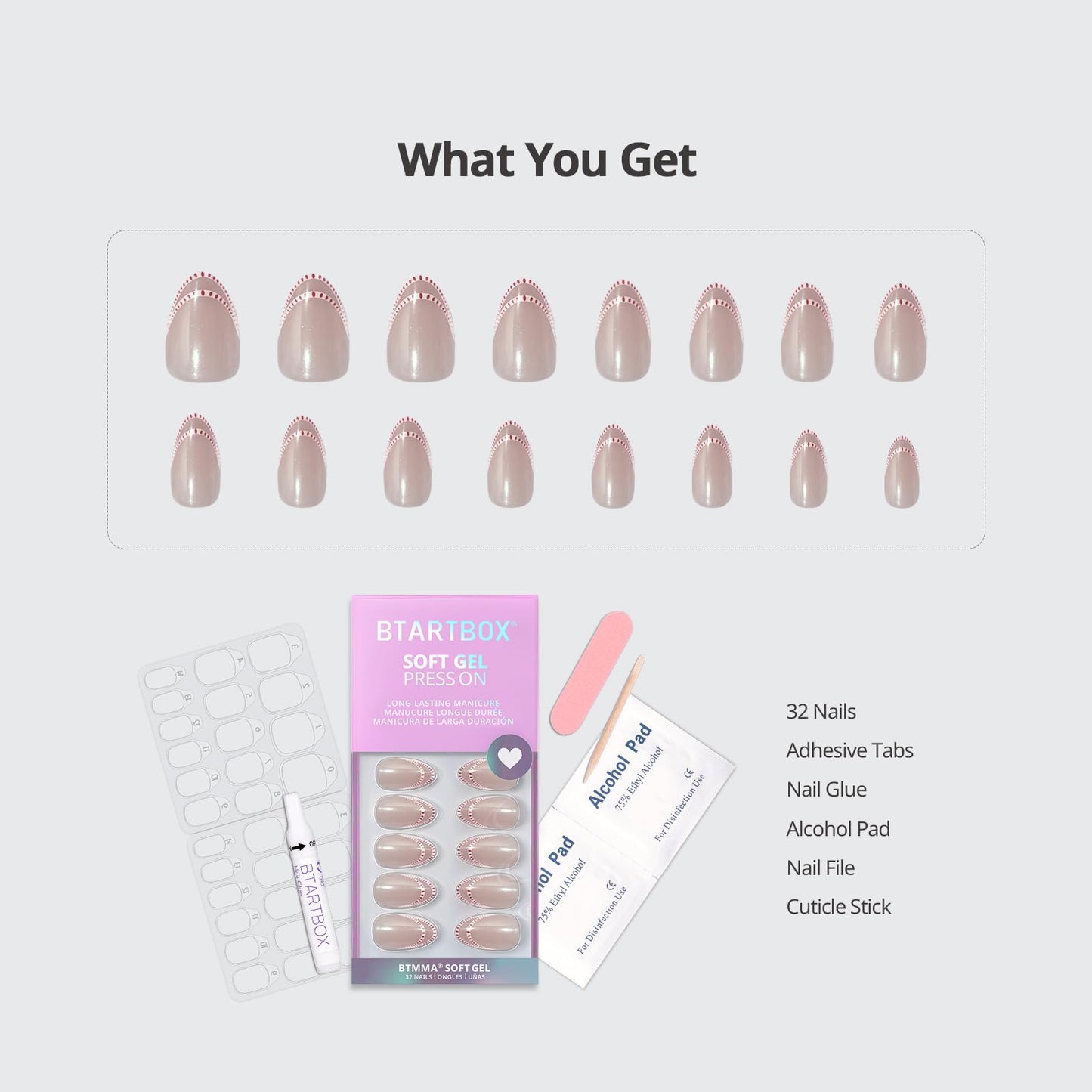 BTArtbox French Tip Press On Nails - Peppermint Kiss, White Pink Short Almond Press On Nails with Glue and Adhesive Tabs for Women in 16 Sizes - 32 Soft Gel Glue On Nails Kit