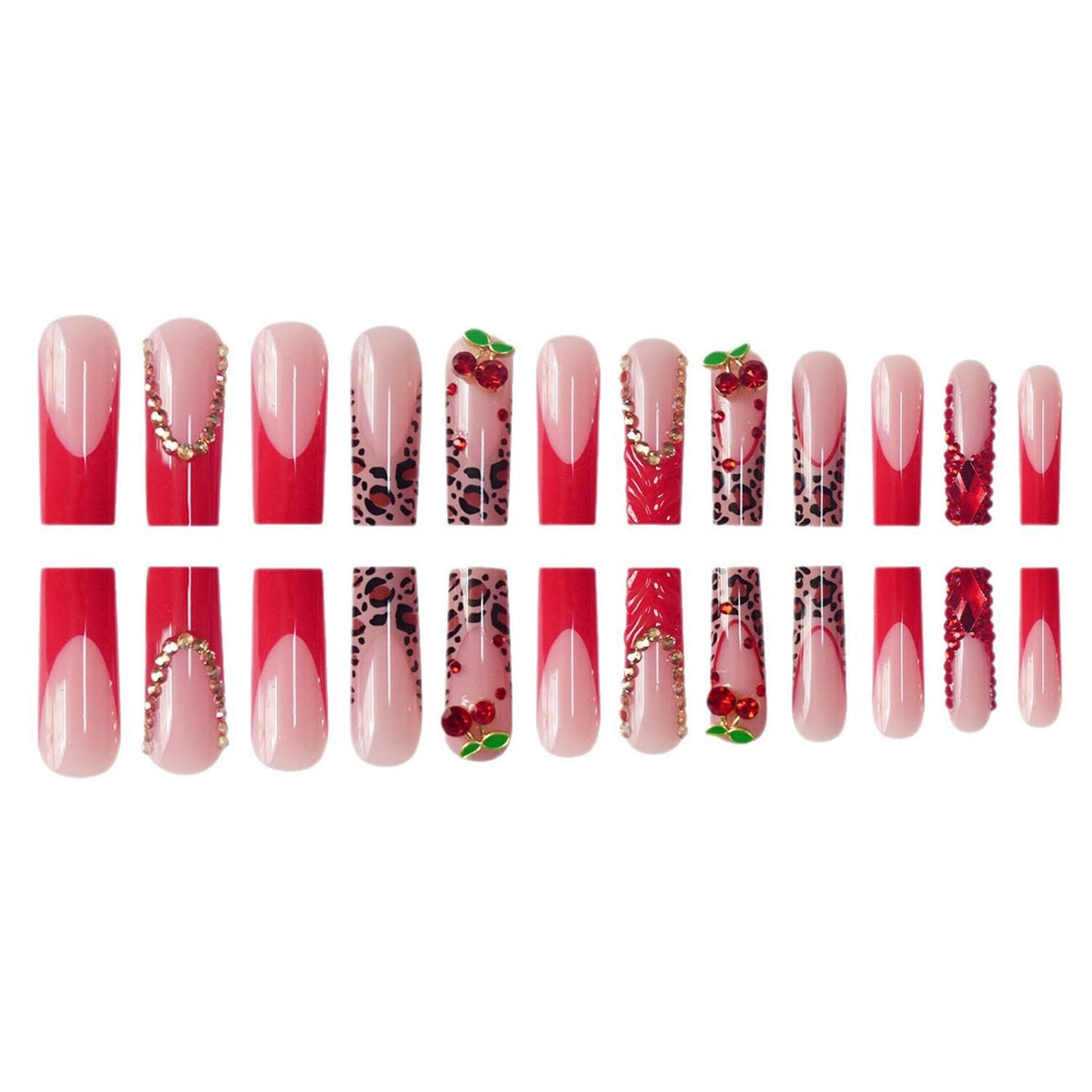 FIEONCIY Press on Nails Coffin Long Length Acrylic Glossy Full Cover Square Shaped French False Nails with Designs Artificial Extra Long Fake Nails with Charms Glue ons Fingernails for Women(AA132)