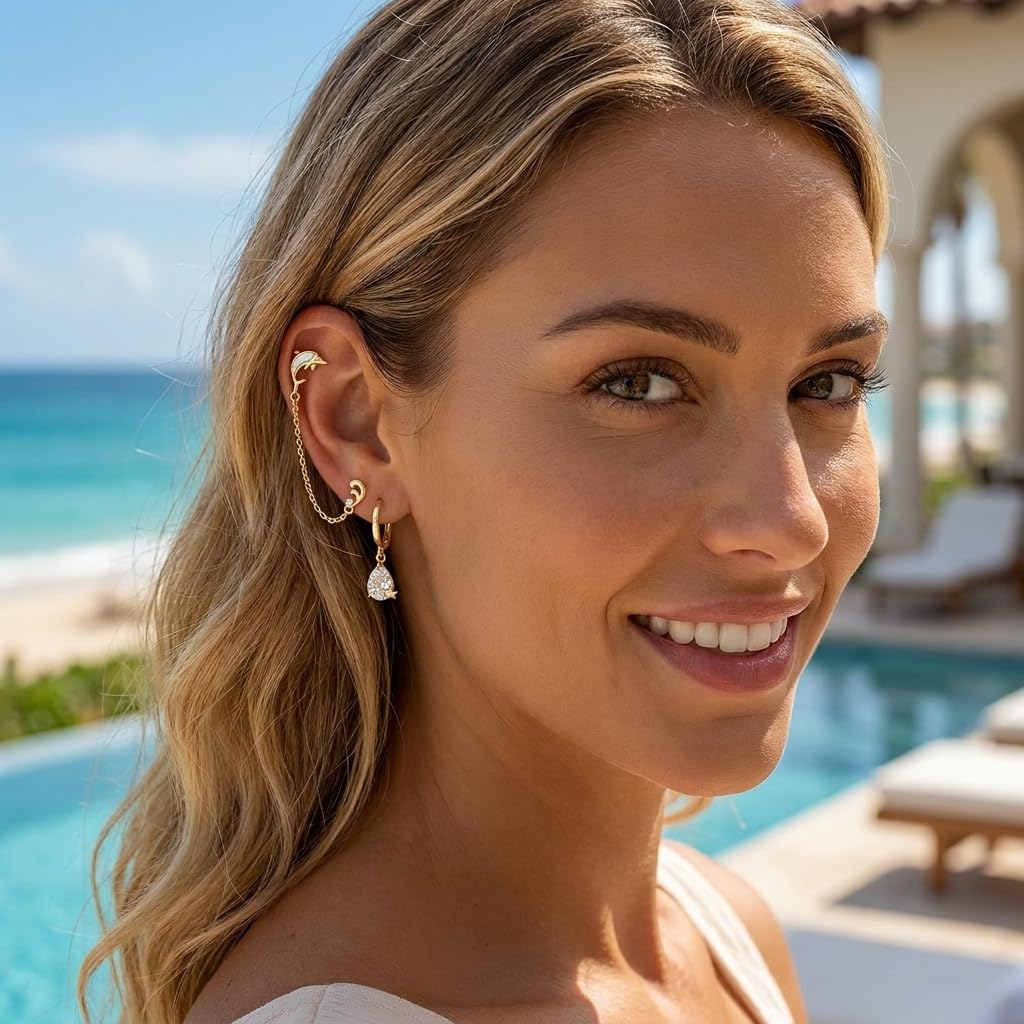 Frigotine 3PCS Gold Pearl Hoop Stud Earrings Stack Set for Women, Dainty Rhinestone Teardrop Chain Dolphin Shell Multiple Piercing Cartilage Summer Beach Jewelry Gift