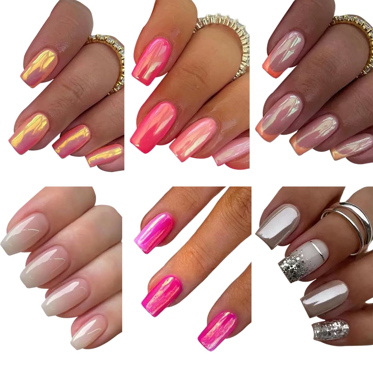 6 Packs (144 Pcs) Press on Nails Medium Square Fake Nails Chrome False Nails with Designs Hot Pink Siliver Glue on Nails Full Cover Solid Color Glossy Acrylic Stick on Nail for Women Manicure