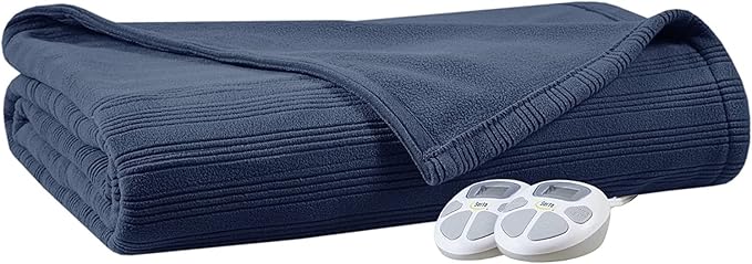 Serta Travis Fleece Ultra Soft Tri-Rib Textured Electric Blanket, Cozy and Snuggly Cover Fast Heating for Cold Weather, Auto Shut Off, Multi Heat Setting Controller, Queen, Indigo