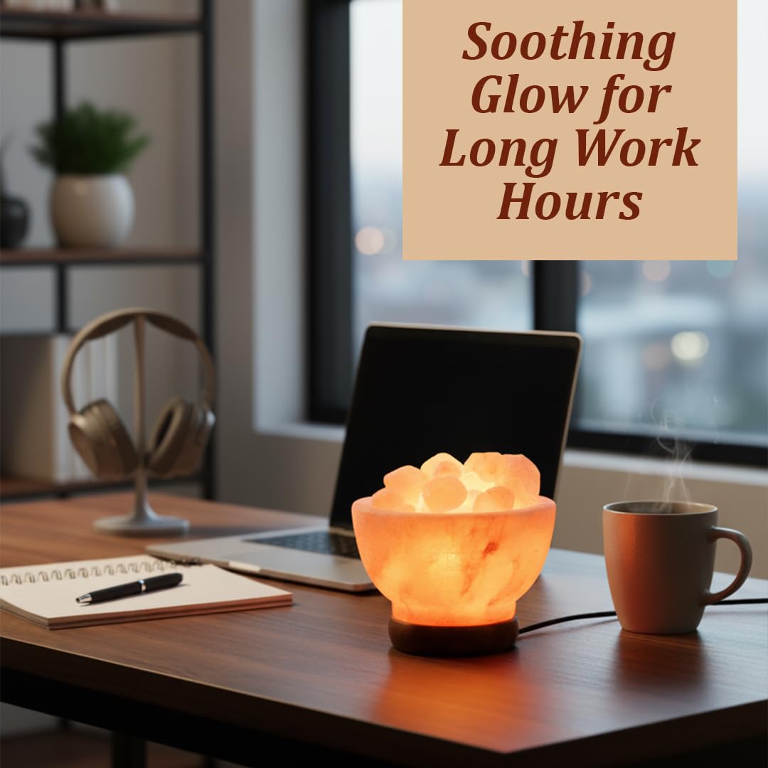 POHS Himalayan Pink Salt Lamp Bowl – Authentic from Pakistan, Natural Crystal Chunks, Dimmable Warm Glow Light, Premium Wooden Base – Relaxation, Bedroom Decor & Gift