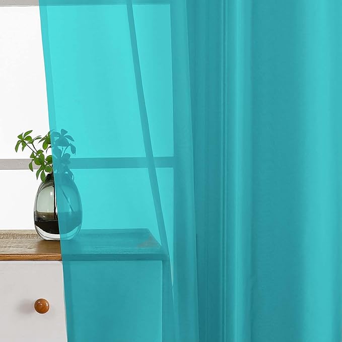 Window Sheer Curtains 54 inch Length, Soft Airy Light Filtering Sheer Curtain 2 Panels Set, Dual Rod Pocket Gauze Drapes for Living Room Bedroom, Turquoise, 2x42Wx54L Inches