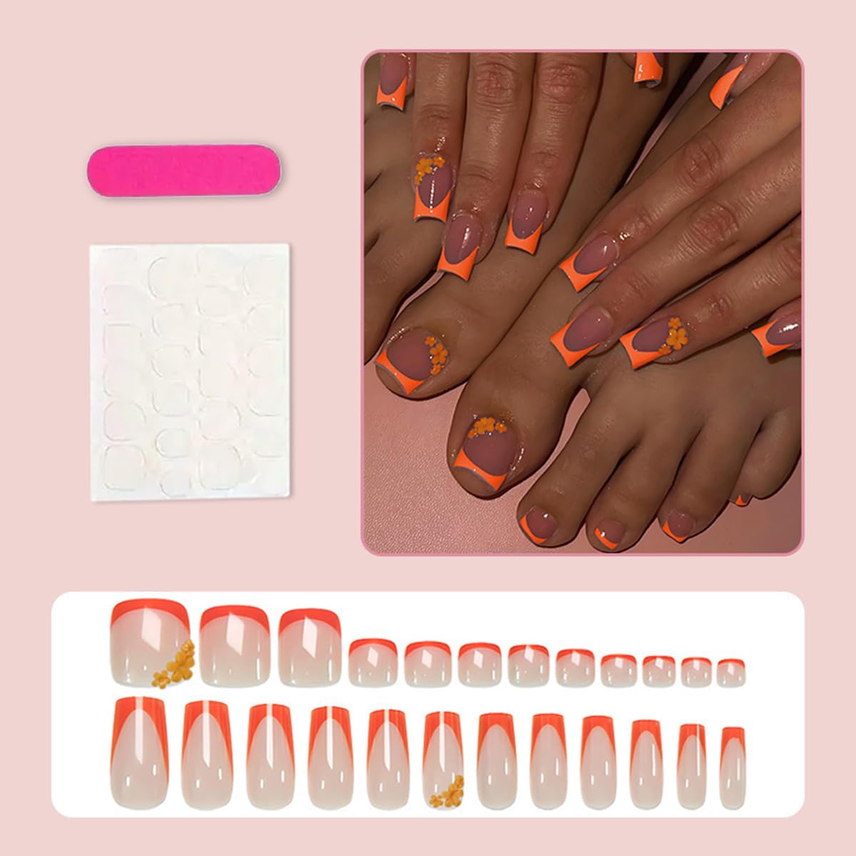 48Pcs Orange French Tip Press on Nails Short & Press on Toenails Set - Medium Fake Nails Press ons Nail Art Tips Cute Glue on Nails Full Cover Nude Fake Toe Nail Spring Flower Design Acrylic Nail Kit