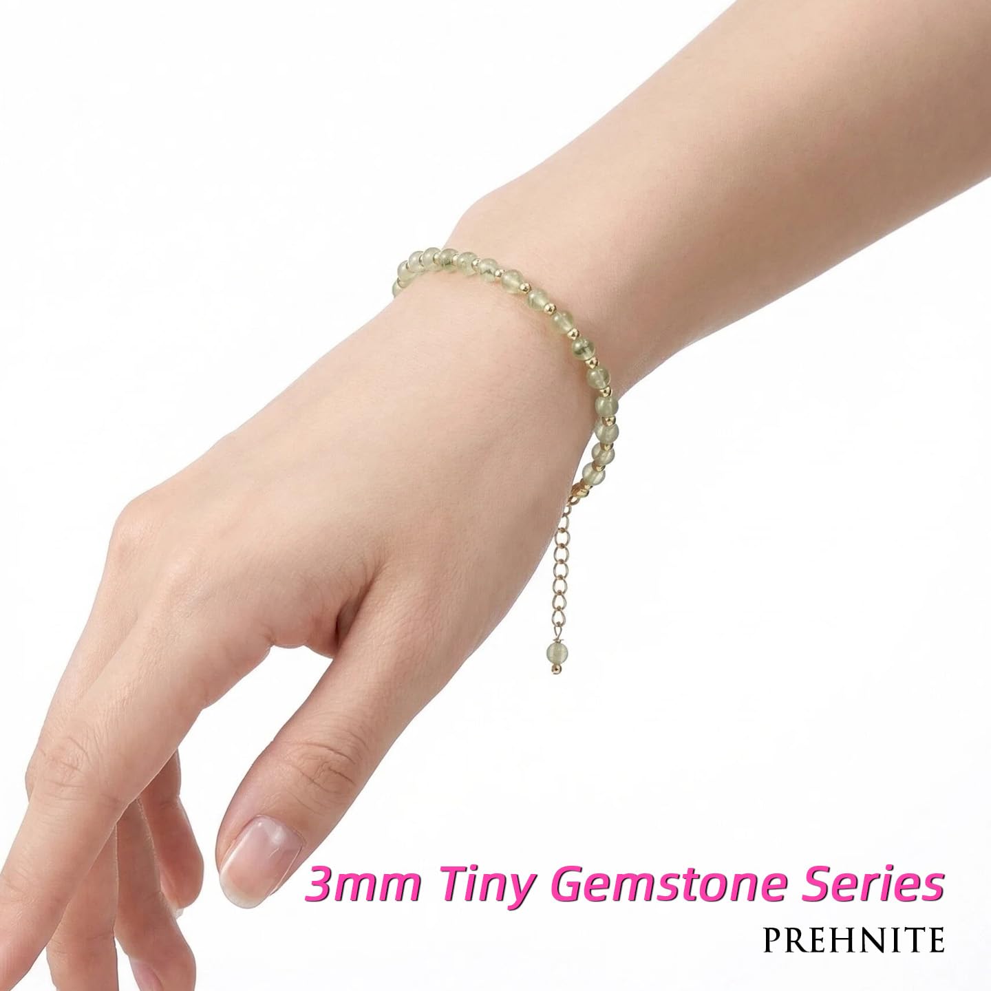 Morchic 3mm Green Prehnite Natural Gemstone Beaded Bracelet for Women, Dainty Tiny Charm Jewelry, Adjustable 7.1-8.6", Ideal Birthday Holiday Gift